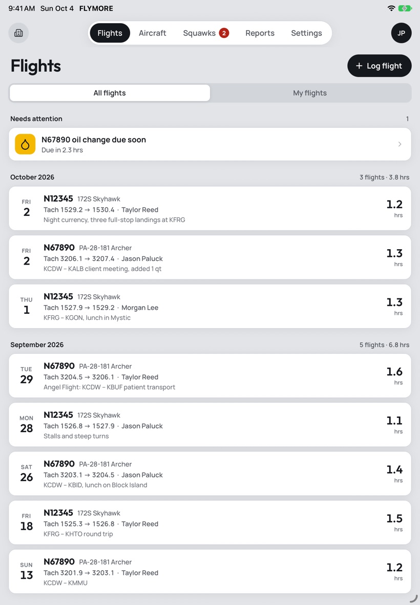 FLYMORE on iPad: the shared flight log for two aircraft, with an oil change due soon alert and monthly flight totals.